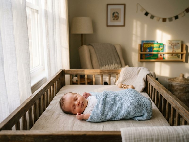Newborn baby boy resting peacefully wrapped in a soft blue blanket in cozy nursery cot