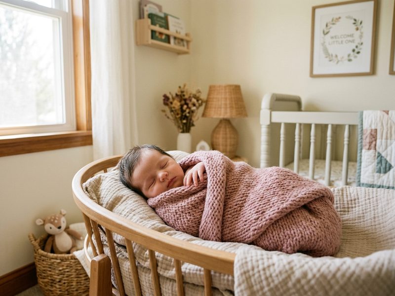 Newborn baby girl sleeping peacefully wrapped in a dusty rose knit blanket in nursery bassinet